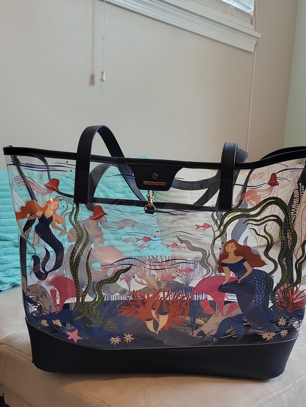 Spartina 449 Clear Mermaid-Print Tote with Navy Trim And Gold Hardware